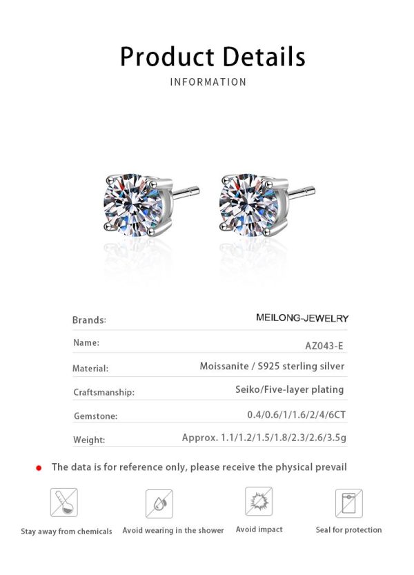 AZ043-E Real Moissanite Stud Earrings 14K White Gold Plated Sterling Silver 4 Prong Diamond Earring for Women Men Ear Stud 1ct 2ct 4ct - Image 7