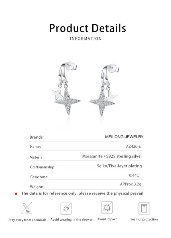 AZ426-E PT950 Platinum Drop Earrings Fine Jewelry Stars Style for Girl Total 0.44ct Moissanite Diamond GRA Certified for Women Ins - Image 6
