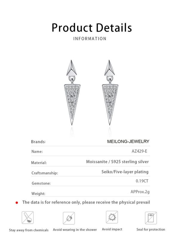 AZ429-E 0.19 ct Moissanite S925 Silver Stud Earrings for Women Plated Pt950 Triangular Full Inlay Lover Gift Ear Studs Jewelry Wholesale - Image 6