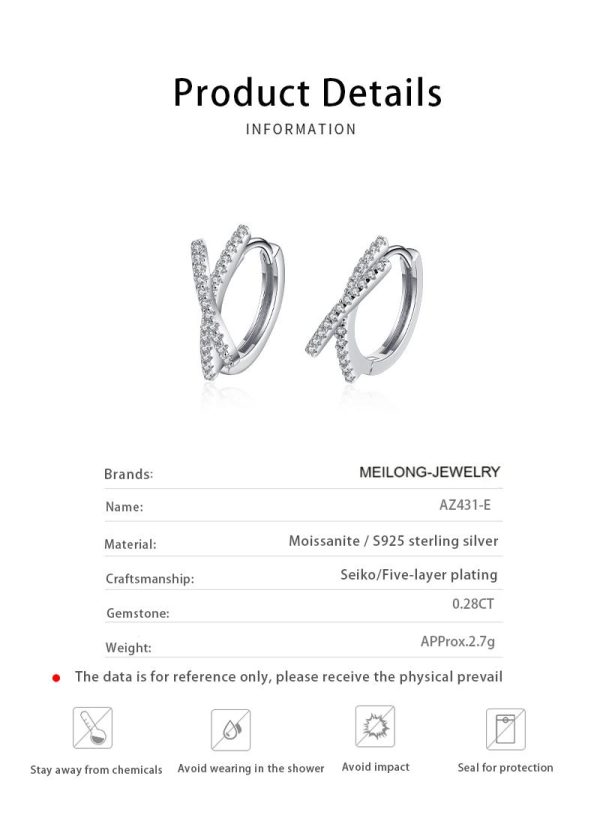 AZ431-E Total 0.28CT Real Moissanite Stud Earrings for Women Cross Wedding Sparkling 925 Silver Simulated Diamond Hoop Earring - Image 6
