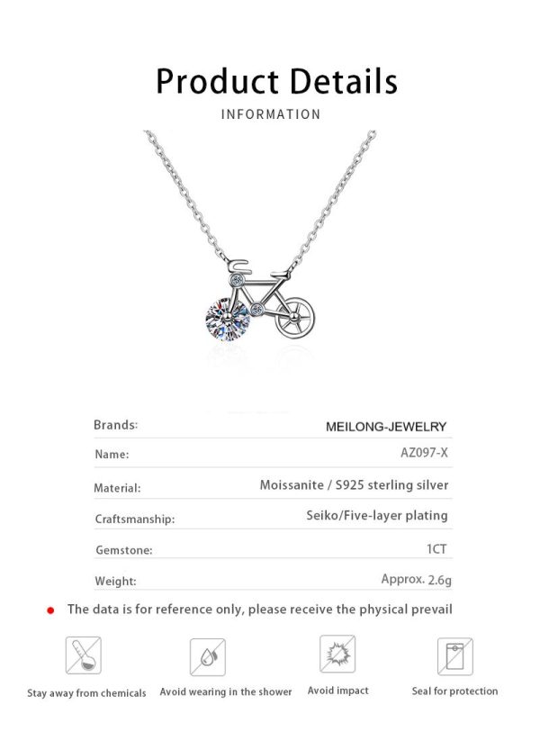 AZ097-X Fashion Trendy Luxury Fine Classic 1ct Moissanite Lovely Bicycle  Necklace For Women 925 Silver Party Charm Jewelry - Image 6