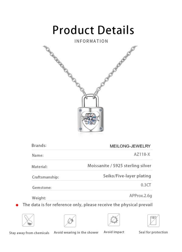AZ118-X S925 Sterling Silver Moissanite Necklace, Women's Lock, Dynamic Pendant, Collarbone Chain, Jewelry Accessories - Image 6