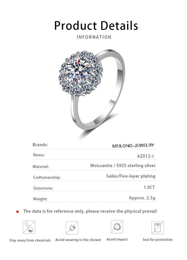 AZ012-J 2Ct Floral Moissanite Oversized Rings 925 Silver Women's GBA Certified Stylish Durable Free Gift Box Bold Chic Versatile - Image 6