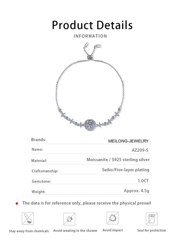 AZ209-S  1 Carat Real Moissanite Bracelet Star Moon Brilliant Charm Bangle 925 Solid Silver Hand Chain Jewelry Pass Diamond Tester - Image 7