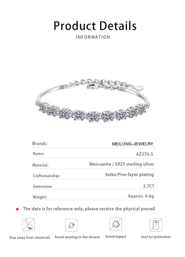 AZ376-S  Women Bracelet S925 Sterling Silver Row Diamond Bracelet 9 Stones D Color Moissanous Hand Chain Wedding Party Jewelry - Image 6