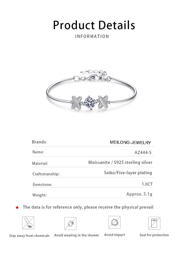 AZ444-S  1Ct GBA Certified S925 Sterling Silver Moissanite Butterfly Knot Charm Bracelet Korean Style Lightweight Free Gift Box for Woman - Image 6