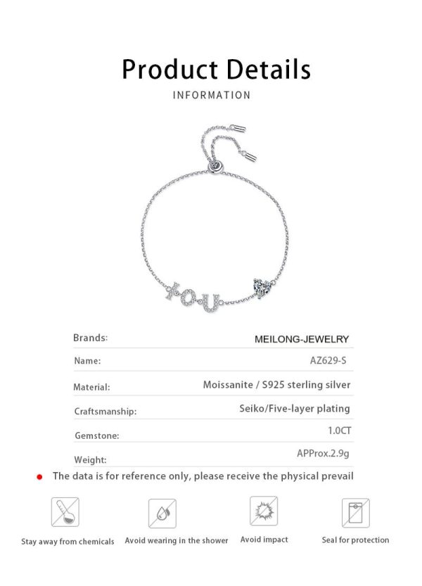 AZ629-S Fashion Fine Luxury Classic 1ct Moissanite Letter I LOVE YOU Heart Bracelets For Women s925 Silver Wedding Jewelry - Image 7