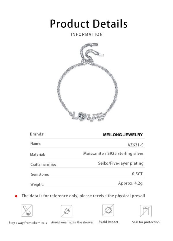 AZ631-S Fashion Luxury Classic 1 Ct Moissanite Double Chain Letter Love Heart Bracelet For Women s925 Silver Party Jewelry - Image 6