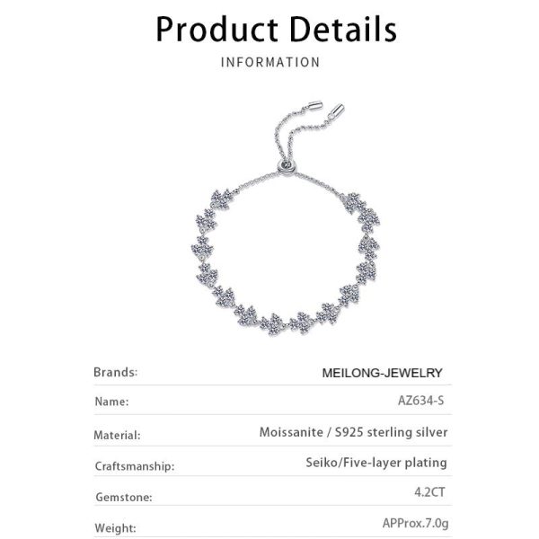 AZ634-S Fashion Luxury Classic Adjustable 4.2Ct Moissanite Lucky Clover Flower Bracelet For Women 925 Silver Party Jewelry - Image 7