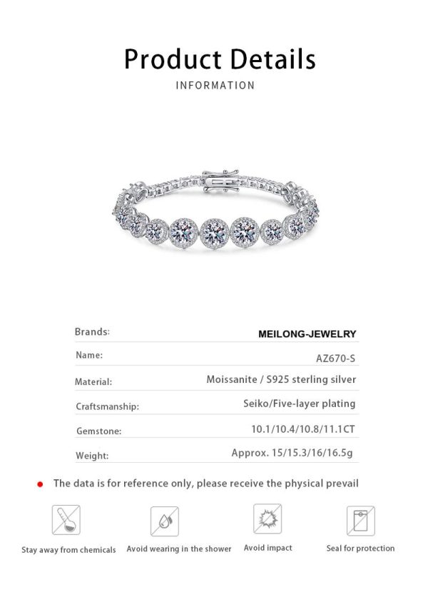 AZ670-S  D Color Moissanite Tennis Bracelet 925 Sterling Silver with White Gold Plated Shiny Bracelets Chian for Women with GRA - Image 7