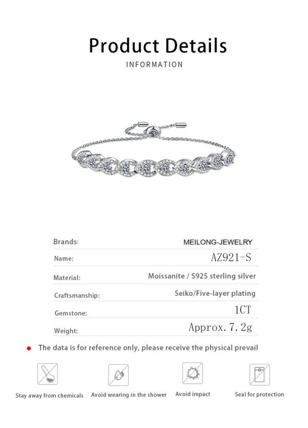 AZ921-S Brilliant 1ct Moissanite Personalized Bracelet for Women, Classic PT950 Platinum Stretch Adjustable Luxury Designer Fine Jewelry - Image 6