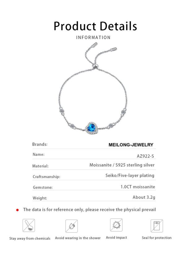 AZ922-S Luxury 1 Carat Blue Heart-shaped Moissanite Bracelet, Platinum PT950 Graceful Love Bangle Women's Accessory Wedding Jewelry Gift - Image 6