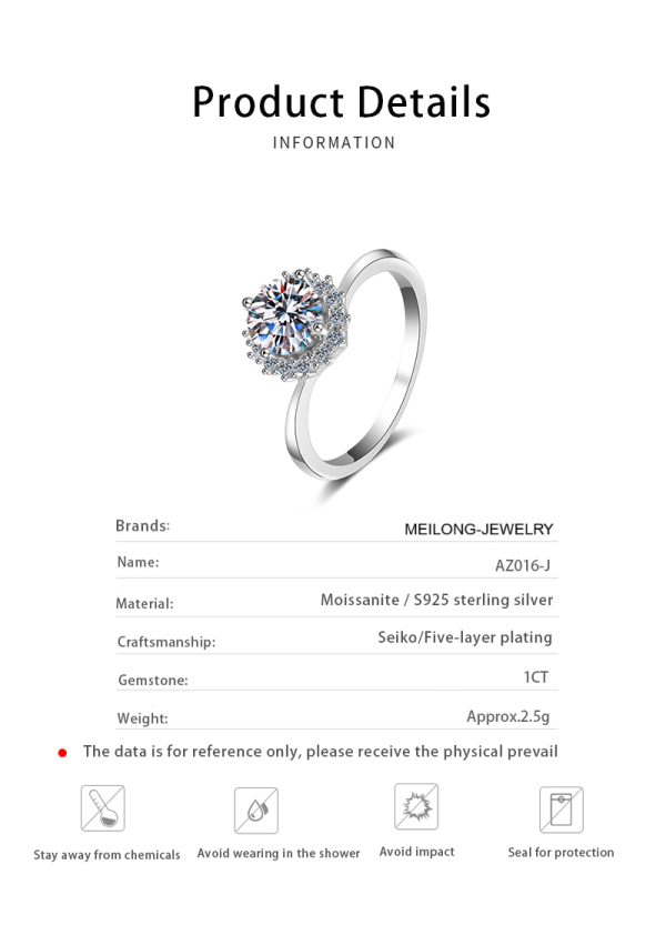 AZ016-J GRA Certified 1.0 Carat Moissanite Ring VVS1 Lab Diamond Solitaire Ring for Women Engagement Promise Wedding Bands Jewelry Gift - Image 6