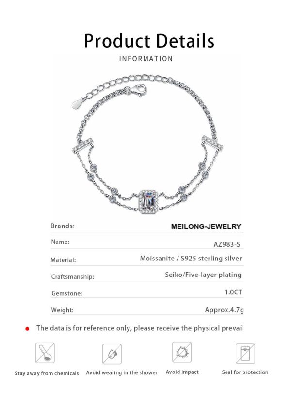 AZ983-S High Quality 1ct Emerald Cut Moissanite Diamond Jewelry 925 Sterling Silver Women Adjustable Bracelet For Party Daily Wear - Image 8