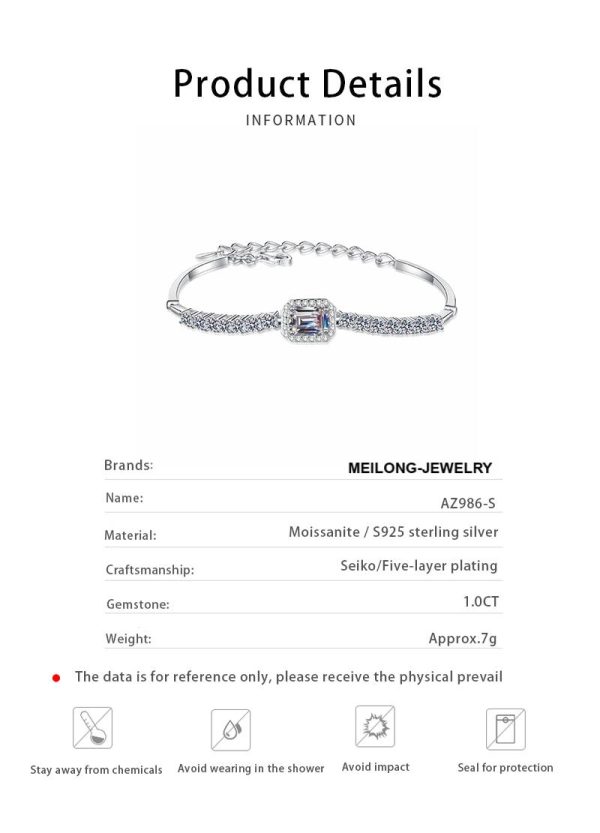 AZ986-S Exquisite PT950 Platinum Women's 2.4-carat rectangular chamfered edge row diamond blue color stone mossanite bracelet - Image 7