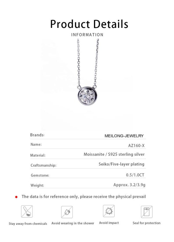 AZ160-X Lnngy 6.5mm Round Bezel Moissanite Pendant Necklace For Women 925 Sterling Silver Clavicle Chain Necklaces Jewelry Collare Mujer - Image 7