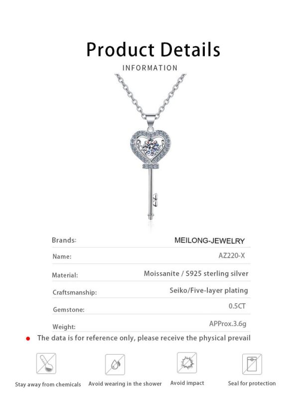 AZ220-X Moissanite Necklace Love Heart Key Pendant 0.5ct Sterling Silver D VVS1 Lab Diamond with GRA Certificate Necklace for Women - Image 6