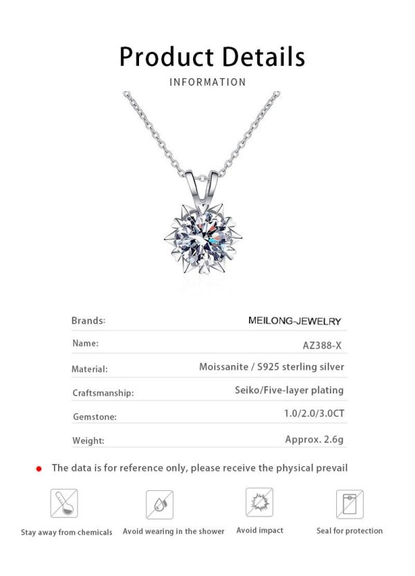 AZ388-X 925 Sterling Silver 1 Carat Moissanite Romantic Snowflake Pendant Necklace Clavicle Chain Women Girls Birthday Anniversary - Image 6