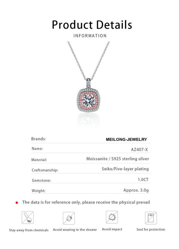 AZ407-X S925 Silver 1 Carat Moissanite Pink Square Bag Pendant Necklace for Women Light Luxury Fashion Must-Have Valentine's Day Gift - Image 6