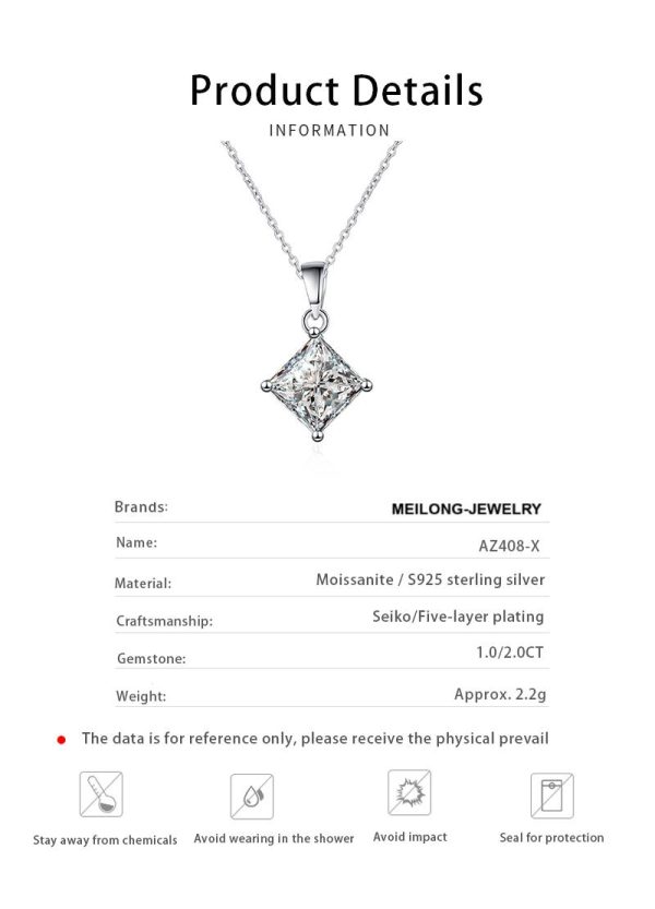 AZ408-X Classic S925 Sterling Silver Simple Square Moissanite Diamond Necklace 1-2CT D-Color Wedding Daily fine Jewelry for Women - Image 6