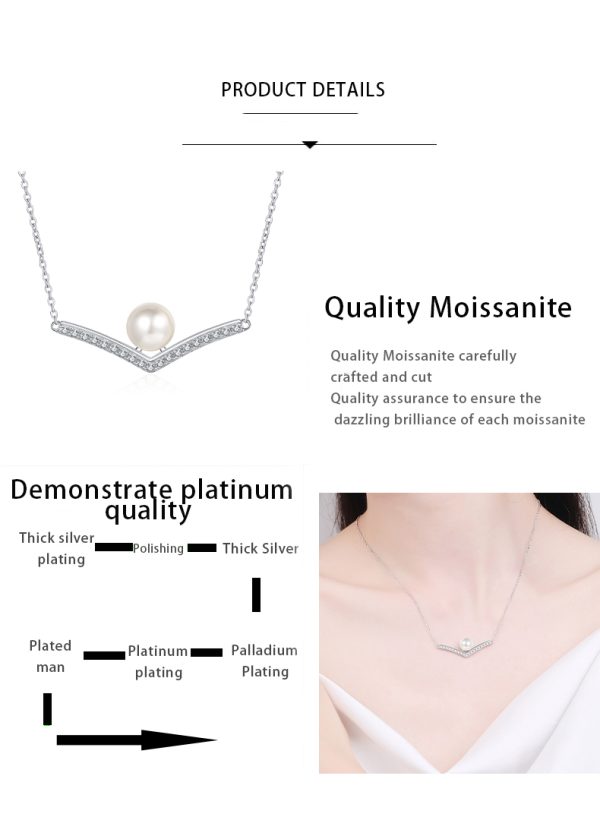 AZ503-X Designer V Shaped PT950 Platinum Women's Necklace Moissanite Diamond Flawless Natural Freshwater Pearl Pendant for Birthday Gift - Image 7