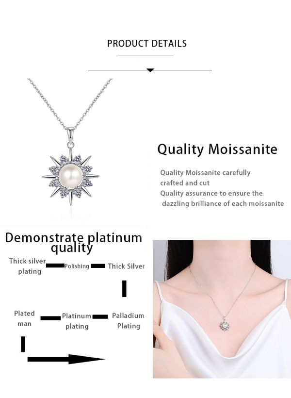 AZ792-X S925 Sterling Silver Necklace 8mm Pearl 0.3ct Moissanite Sunflower Pendant for Women - Image 7