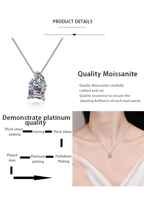 AZ805-X S925 Sterling Silver Simple Heart Square 2CT D-Color Moissanite Diamond Necklace Wedding for Women's Party Jewelry - Image 7