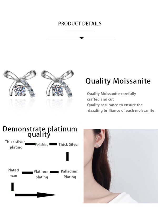 AZ083-E Moissanite Bow Stud Earrings 925 Sterling Silver Plated Pt950 Gold Four-claw Stud Earrings School Girl Wild Model - Image 7