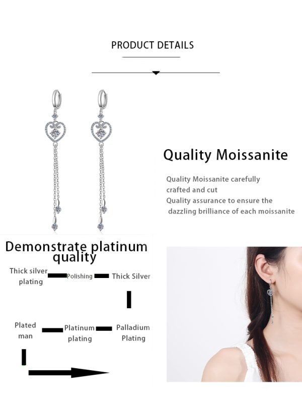 AZ121-E 925 Sterling Silver Heart Tassel Earrings 1 Carat Round Cut Moissanite Lab Diamond Drop Earrings Wedding Engagement Jewelry - Image 7