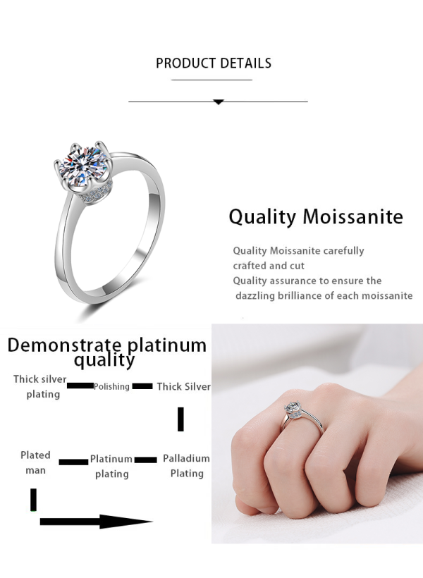 AZ017-J  D Color VVS1 EX Moissanite Ring 1ct Round Moissanite Diamond Solitaire Engagement 925 Plated Sterling Silver Ring - Image 6