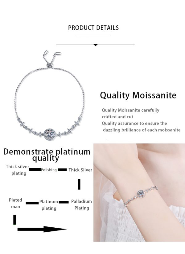 AZ209-S  1 Carat Real Moissanite Bracelet Star Moon Brilliant Charm Bangle 925 Solid Silver Hand Chain Jewelry Pass Diamond Tester - Image 8