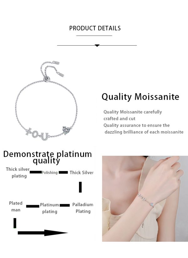 AZ629-S Fashion Fine Luxury Classic 1ct Moissanite Letter I LOVE YOU Heart Bracelets For Women s925 Silver Wedding Jewelry - Image 6
