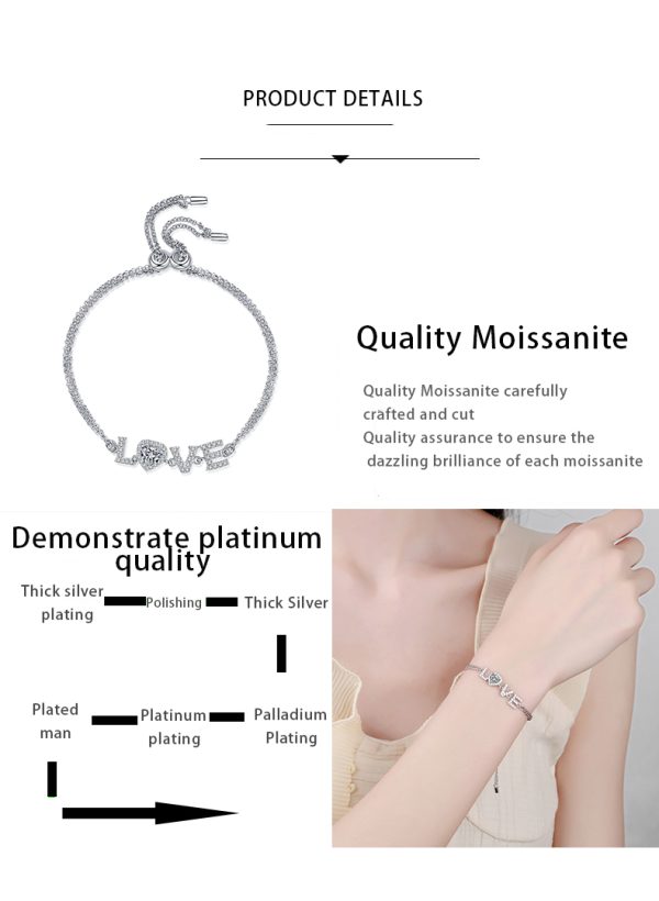 AZ631-S Fashion Luxury Classic 1 Ct Moissanite Double Chain Letter Love Heart Bracelet For Women s925 Silver Party Jewelry - Image 7