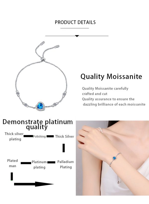 AZ922-S Luxury 1 Carat Blue Heart-shaped Moissanite Bracelet, Platinum PT950 Graceful Love Bangle Women's Accessory Wedding Jewelry Gift - Image 7