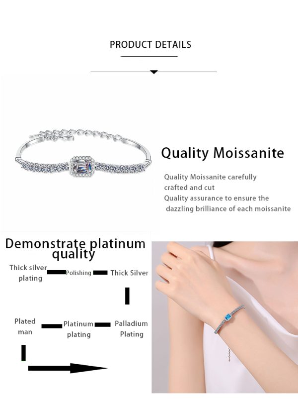 AZ986-S Exquisite PT950 Platinum Women's 2.4-carat rectangular chamfered edge row diamond blue color stone mossanite bracelet - Image 8