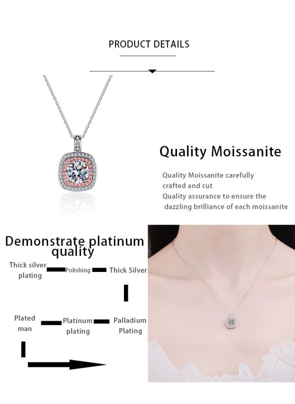 AZ407-X S925 Silver 1 Carat Moissanite Pink Square Bag Pendant Necklace for Women Light Luxury Fashion Must-Have Valentine's Day Gift - Image 7