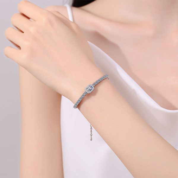 AZ986-S Exquisite PT950 Platinum Women's 2.4-carat rectangular chamfered edge row diamond blue color stone mossanite bracelet - Image 3