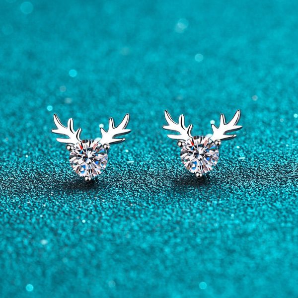 AZ461-E 925 Sterling Silver Antler Earrings 1CT Moissanite Stud Earrings Round Diamond Cute Elk Stud Earrings for Women Christmas Gifts - Image 5