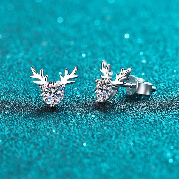 AZ461-E 925 Sterling Silver Antler Earrings 1CT Moissanite Stud Earrings Round Diamond Cute Elk Stud Earrings for Women Christmas Gifts - Image 4