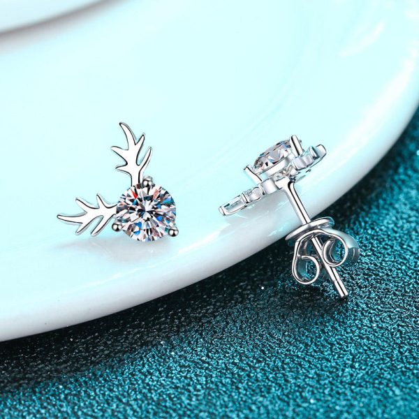 AZ461-E 925 Sterling Silver Antler Earrings 1CT Moissanite Stud Earrings Round Diamond Cute Elk Stud Earrings for Women Christmas Gifts - Image 3