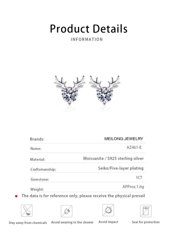 AZ461-E 925 Sterling Silver Antler Earrings 1CT Moissanite Stud Earrings Round Diamond Cute Elk Stud Earrings for Women Christmas Gifts - Image 6