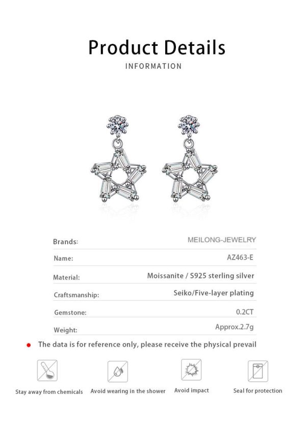 AZ463-E Luxury Platinum Pt950 Star Stunning Ear Studs Fine Jewelry, Unique 0.2ct Moissanite Pentagram Stud Earrings for Women Gifts - Image 6