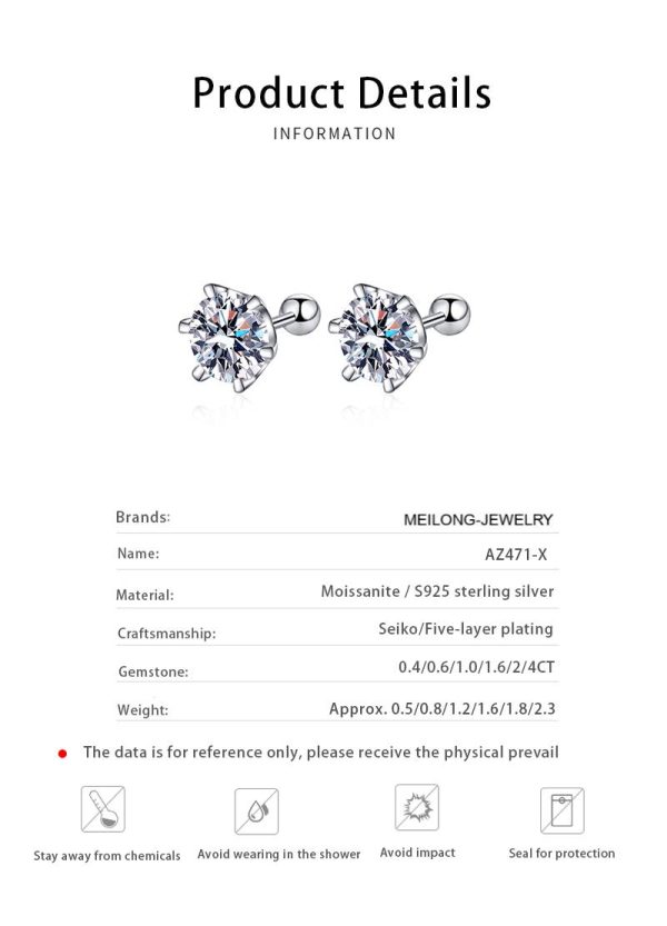 AZ471-X Sterling Silver 0.5-1 Carat *2 Moissanite Screw 6-Claw Earring Fashion Casual High-End Design Sense Niche Lady Girlfriend - Image 6