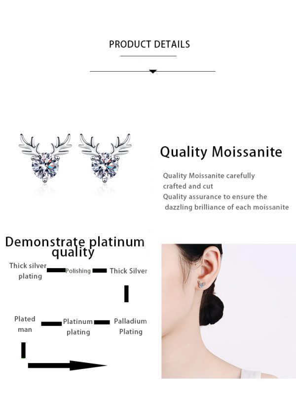 AZ461-E 925 Sterling Silver Antler Earrings 1CT Moissanite Stud Earrings Round Diamond Cute Elk Stud Earrings for Women Christmas Gifts - Image 7