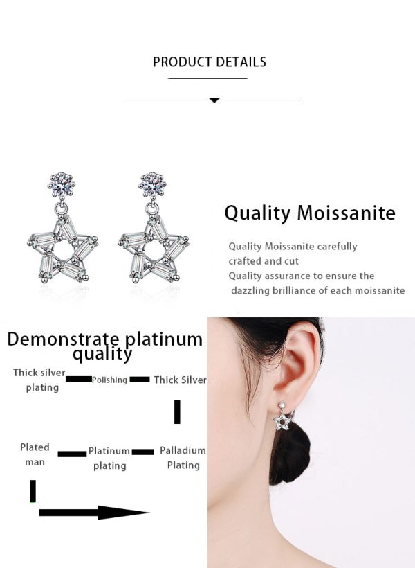 AZ463-E Luxury Platinum Pt950 Star Stunning Ear Studs Fine Jewelry, Unique 0.2ct Moissanite Pentagram Stud Earrings for Women Gifts - Image 7