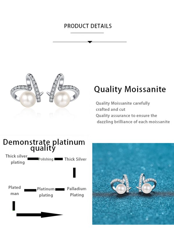 AZ505-E S925 Sterling Silver Heart-shaped Flawless Freshwater 7mm Pearl Moissanite Earrings for Women - Image 7