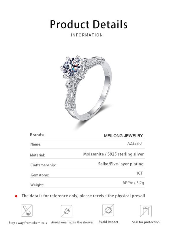 AZ353-J  925 Sterling Silver Dazzling Round 1CT Moissanite Ring For Women Female Wedding Engagement Platinum Plated Fine Jewelry - Image 6
