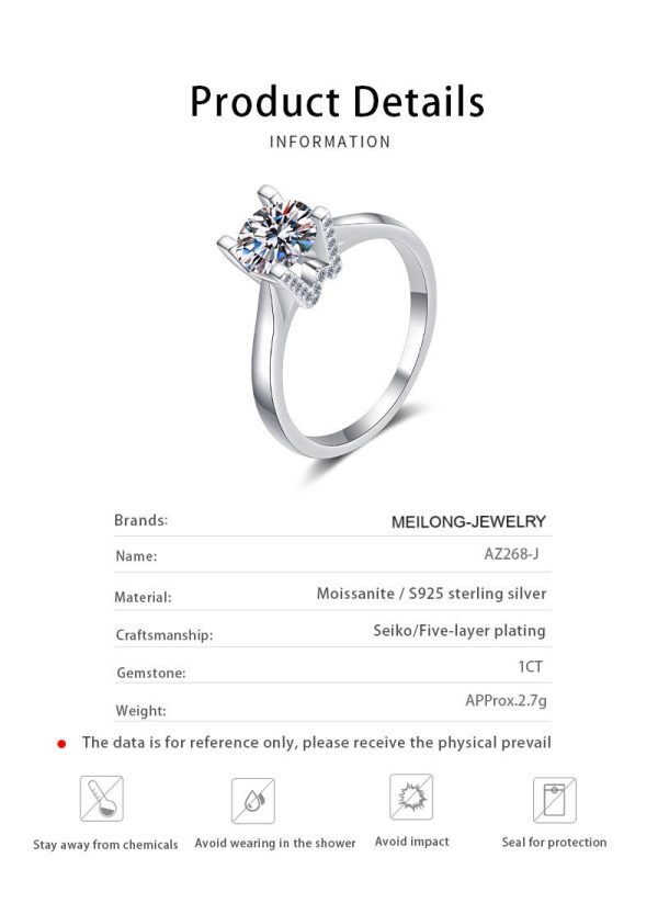 AZ268-J Quality Jewelry Four Claw Inlay PT950 Platinum Rings Moissanite VVS1 D Color 0.5/1CT Diamond Round Circular Pronged Women Ring - Image 6